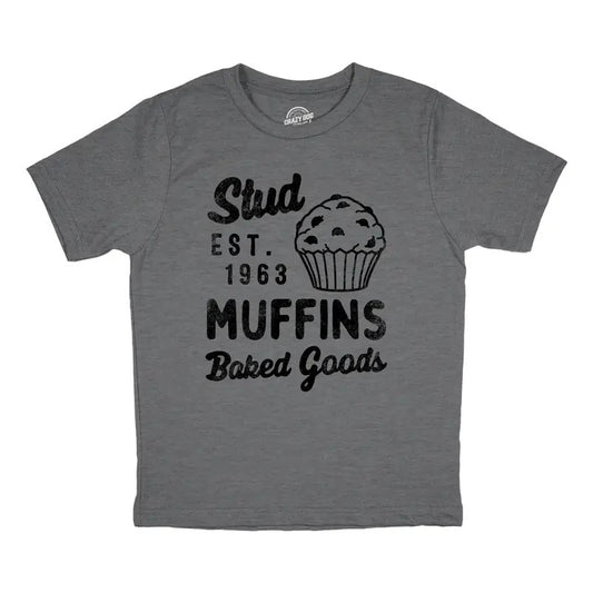 Youth Stud Muffins Baked Goods T Shirt Funny Bakery Joke Tee For Kids Funny T Shirts Sarcastic Tops for Kids Funny Food Short Sleeve Novelty Tees for Kids Dark Grey
