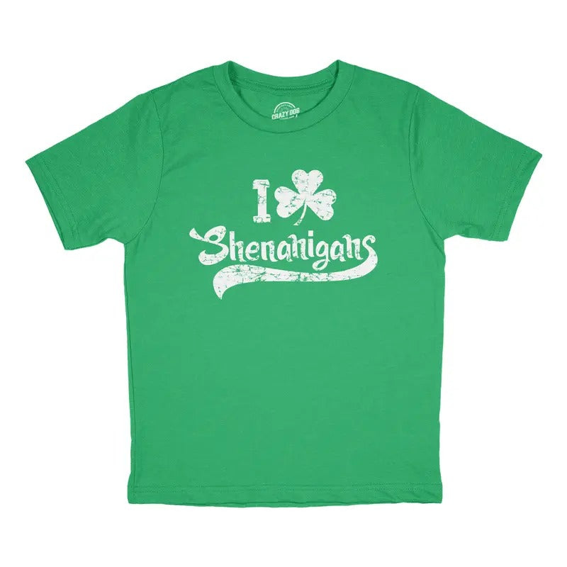Youth T Shirts I Clover Shenanigans Funny St Patricks Day Tee For Kids Funny T Shirts Saint Patrick's Day Tops for Kids Novelty Tees for Kids Green -