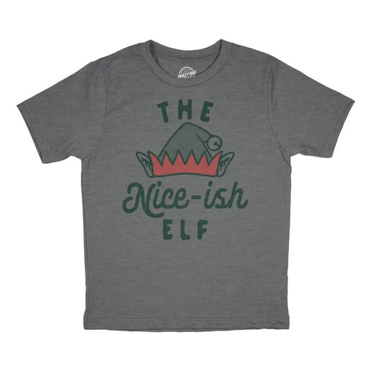 Youth The Nice Ish Elf T Shirt Funny Good Behavior Xmas Elves Joke Tee for Kids Funny T Shirts Christmas Tops for Kid Funny Sarcastic Short Sleeve Novelty Tees for Kids Light Grey