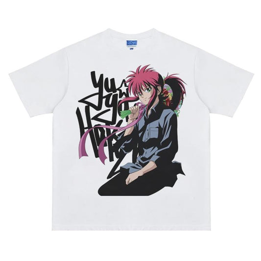 Yu Yu Hakusho "Kurama" Vintage Oversized Tee Anime T-shirt 100% Cotton Original Design Men's Top for Fans Menswear Tshirt Streetwear Round Neck Crewneck Tropical Shortsleeve Baggy Casual Loose