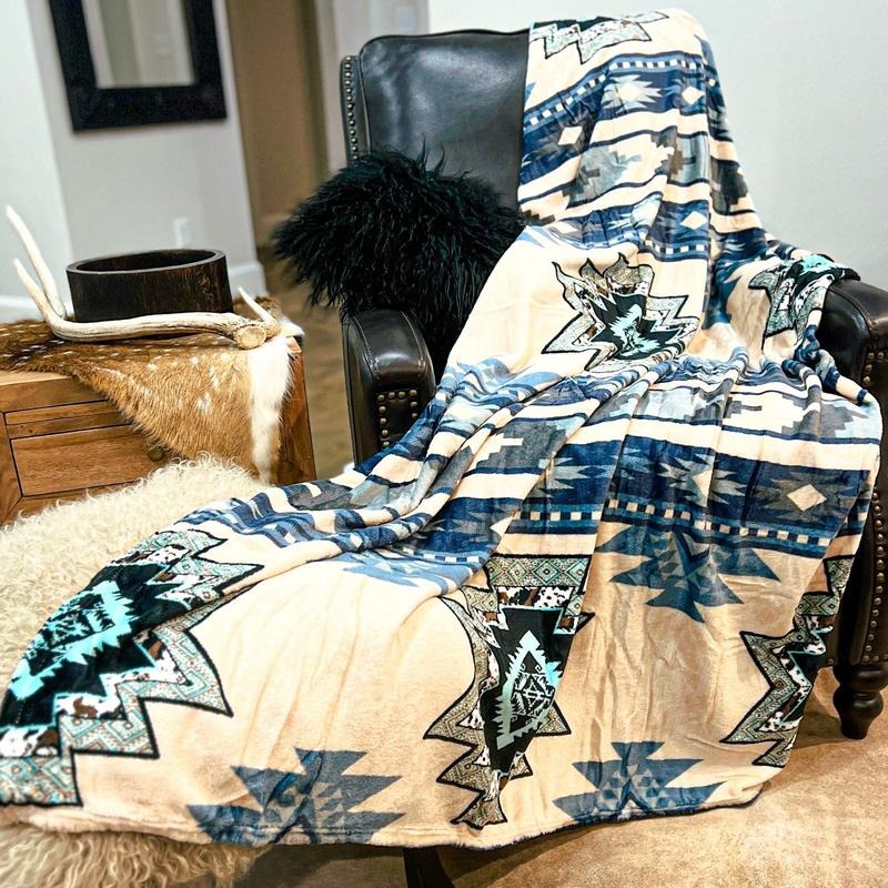 Z Tan & Navy Cow Aztec Throw Blanket
