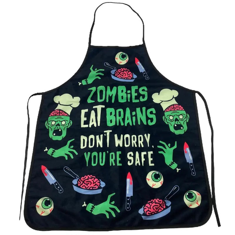 Zombies Eat Brains Don't Worry You're Safe Funny Halloween Brains Cooking Graphic Kitchen Smock Funny Graphic Kitchenwear Halloween  Black