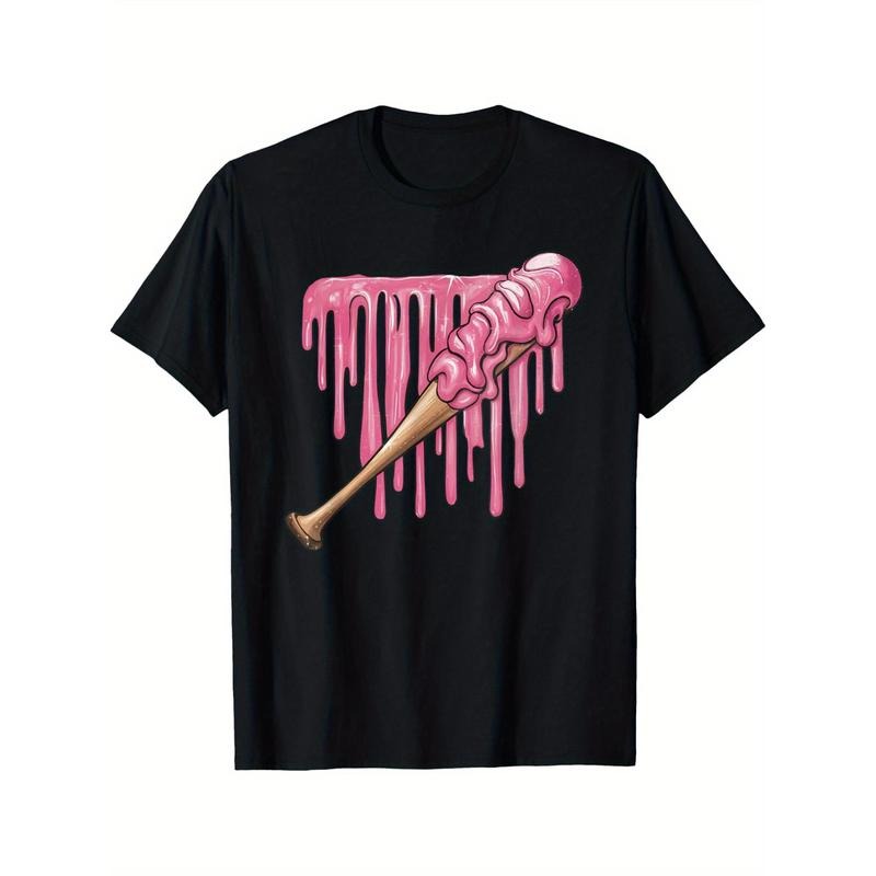 baseball pink ice-cream Baseball Bat with Sprinkles Drip Men's T-shirt personality print pattern, casual round neck short sleeve, comfortable version of cotton short sleeve, four seasons can wear 220g made in usa