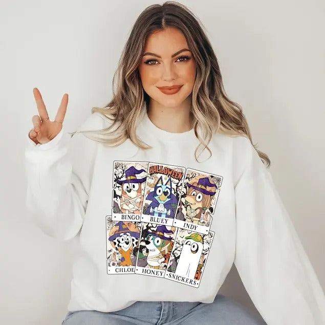 blue y Halloween Trick or Treat, Retro Spooky Halloween Sweatshirt, Vintage Pumpkin Witch, Family Matching Tee, Halloween Party Shirt, S004