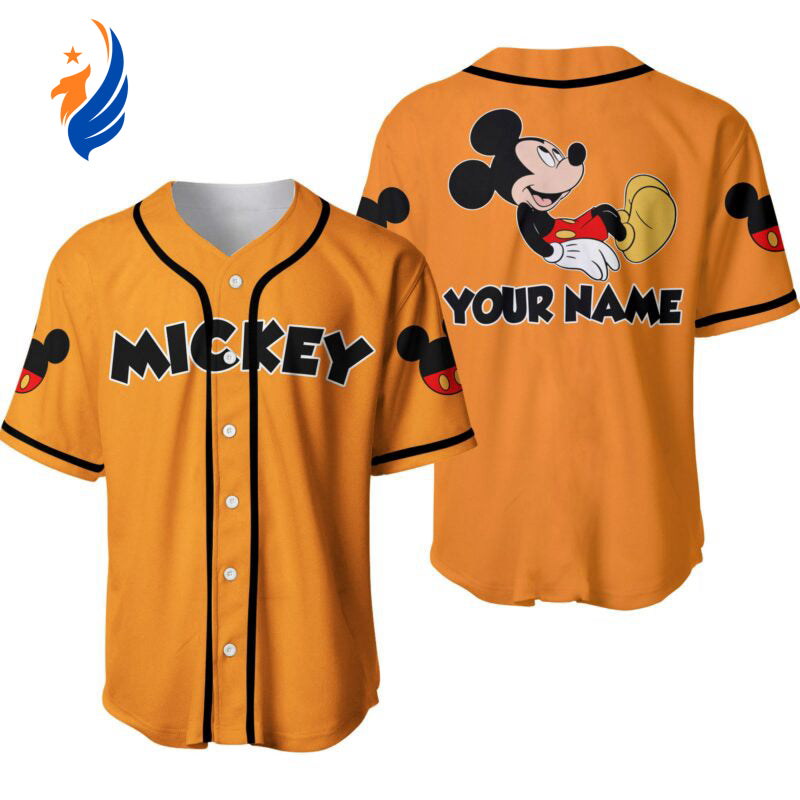 Custom Chilling Mickey Mouse Black Orange Disney Baseball Jersey - Personalized Disney Apparel - Bafud