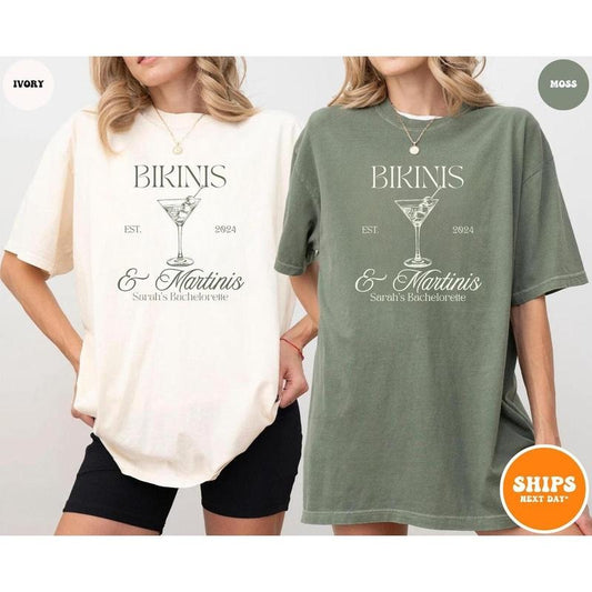 comfort color custom Beach Bachelorette Party T-shirt | Martinis and Bikinis | Custom Bachelorette Shirts | Personalized Luxury Bachelorette | Social Club Bach