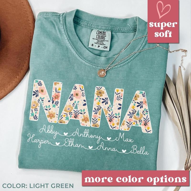 comfort color custom Personalized Nana Shirt with Grandkids Names,Floral Nana T-Shirt,Mimi Gifts,Mother's Day Shirt,Custom Kids Names Grandma Shirt,Mimi Tee F7a