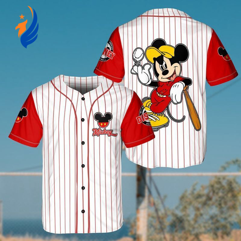 Disney Mickey Mouse Red Cartoon 3D Baseball Jersey - Unisex Pinstripe Design - Bafud