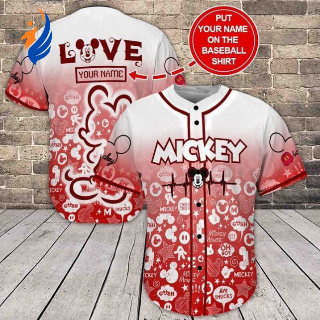 Personalized Mickey Baseball Jersey: Love-themed Gift for Lovers Red & White Design - Bafud