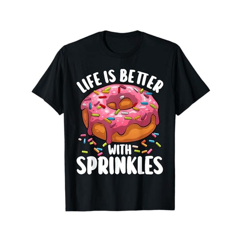 Unisex Cotton T-Shirt with Donut Print - Crew Neck, All-Season Comfort, Slight Stretch, Regular Fit, 180g/m² - Perfect for Adults, Durable Knit Fabric - Black made in usa