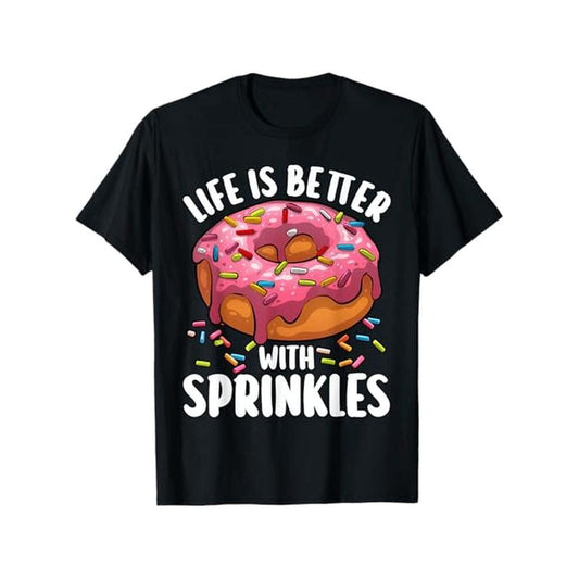 Unisex Cotton T-Shirt with Donut Print - Crew Neck, All-Season Comfort, Slight Stretch, Regular Fit, 180g/m² - Perfect for Adults, Durable Knit Fabric - Black made in usa