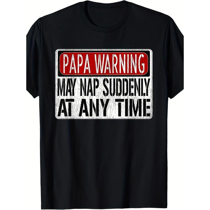 1pc Boho Style Men'S Casual Cotton T-Shirt with "Papa Warning - May Nap Suddenly At Any Time" Print, Crew Neck, Knit Fabric, Non-Stretch, Regular Fit, 220g/m² made in usa