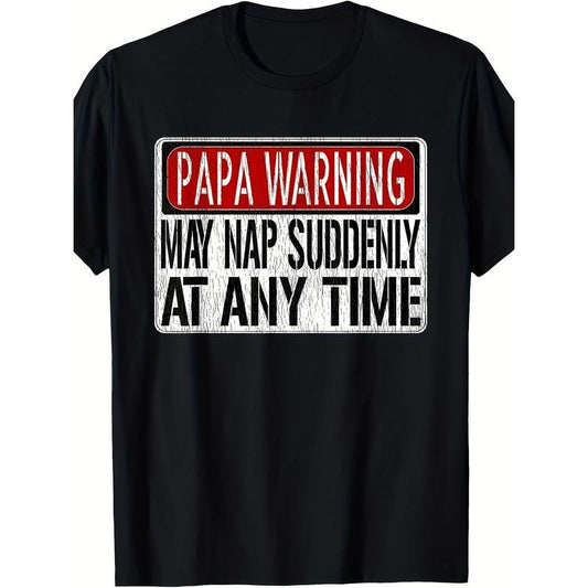 1pc Boho Style Men'S Casual Cotton T-Shirt with "Papa Warning - May Nap Suddenly At Any Time" Print, Crew Neck, Knit Fabric, Non-Stretch, Regular Fit, 220g/m² made in usa