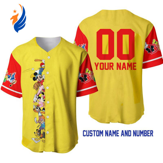 Customized Mickey Minnie & Friends Disney Baseball Jersey – Vibrant Yellow Red Design for Personalization - Bafud