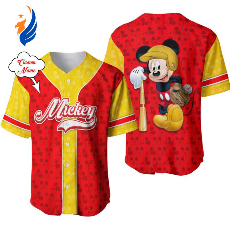 Mickey Mouse Neon Red Yellow Patterns Disney Custom Baseball Jersey – Personalized & Vibrant Design - Bafud