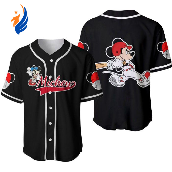 Mickey Mouse Red Black Baseball Jersey: Custom Disney Cartoons Gift for Men - Casual Cute & Unique Outfit for Dad - Bafud