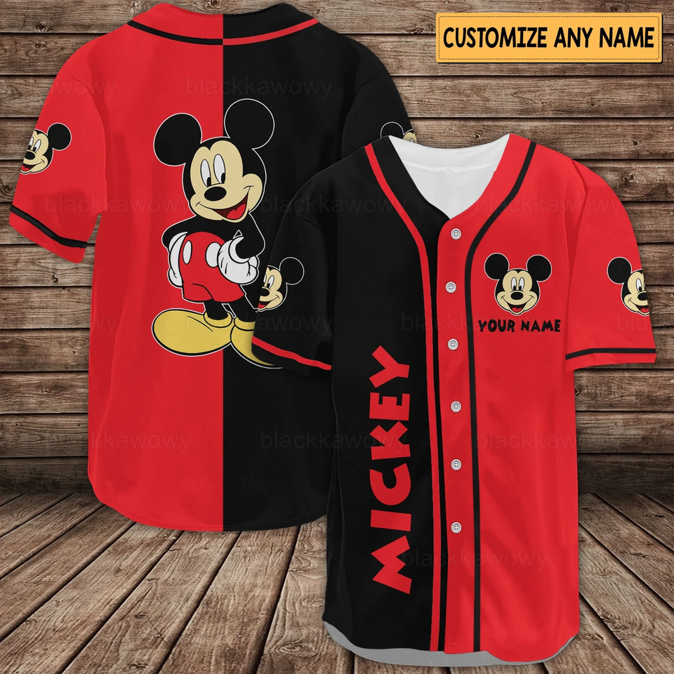Get Happy with Personalized Mickey Mouse Baseball Jersey - Black Red Design - Bafud