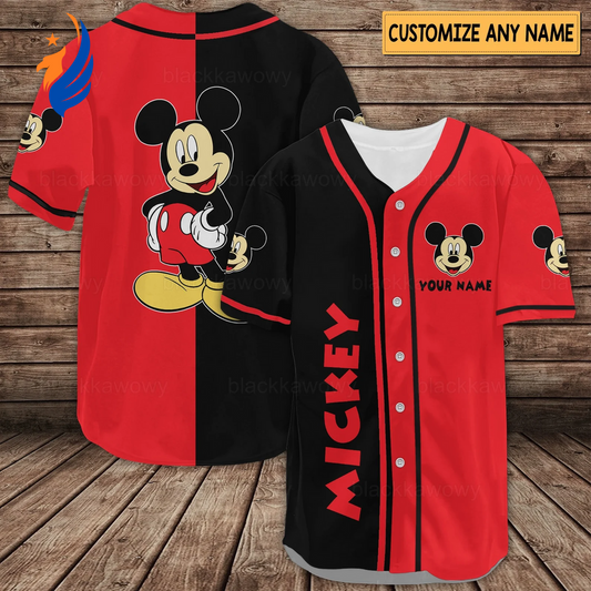 Get Happy with Personalized Mickey Mouse Baseball Jersey - Black Red Design - Bafud