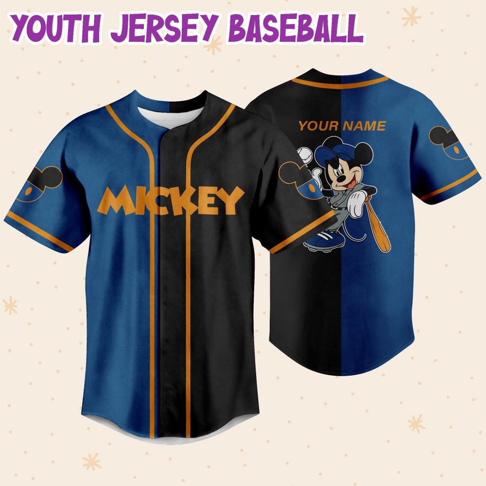 Custom Mickey Baseball Jersey - Blue & Black Horizontal Text Design - Bafud