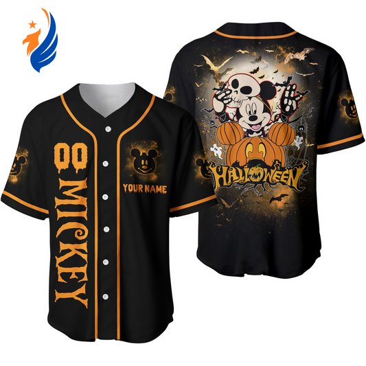 Spooktacular Personalized Mickey Mouse Pumpkin Halloween Baseball Jersey Shirt - Customizable & Unique! - Bafud