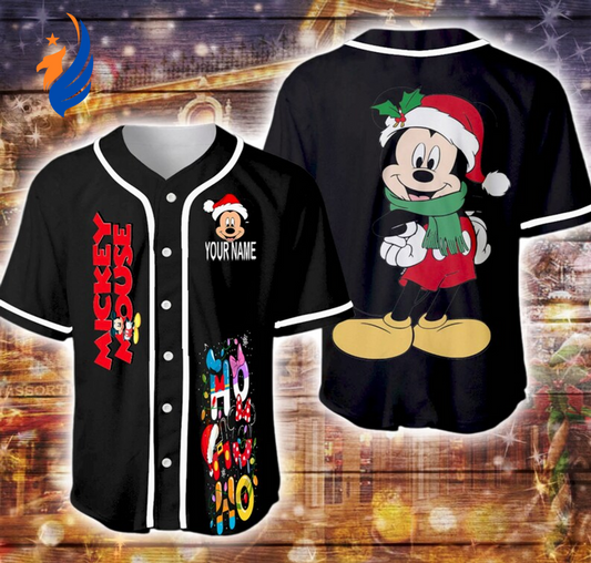 Christmas Mickey Mouse Baseball Jersey Shirt - Personalized Santa Ho Ho Ho Merry Design - Bafud