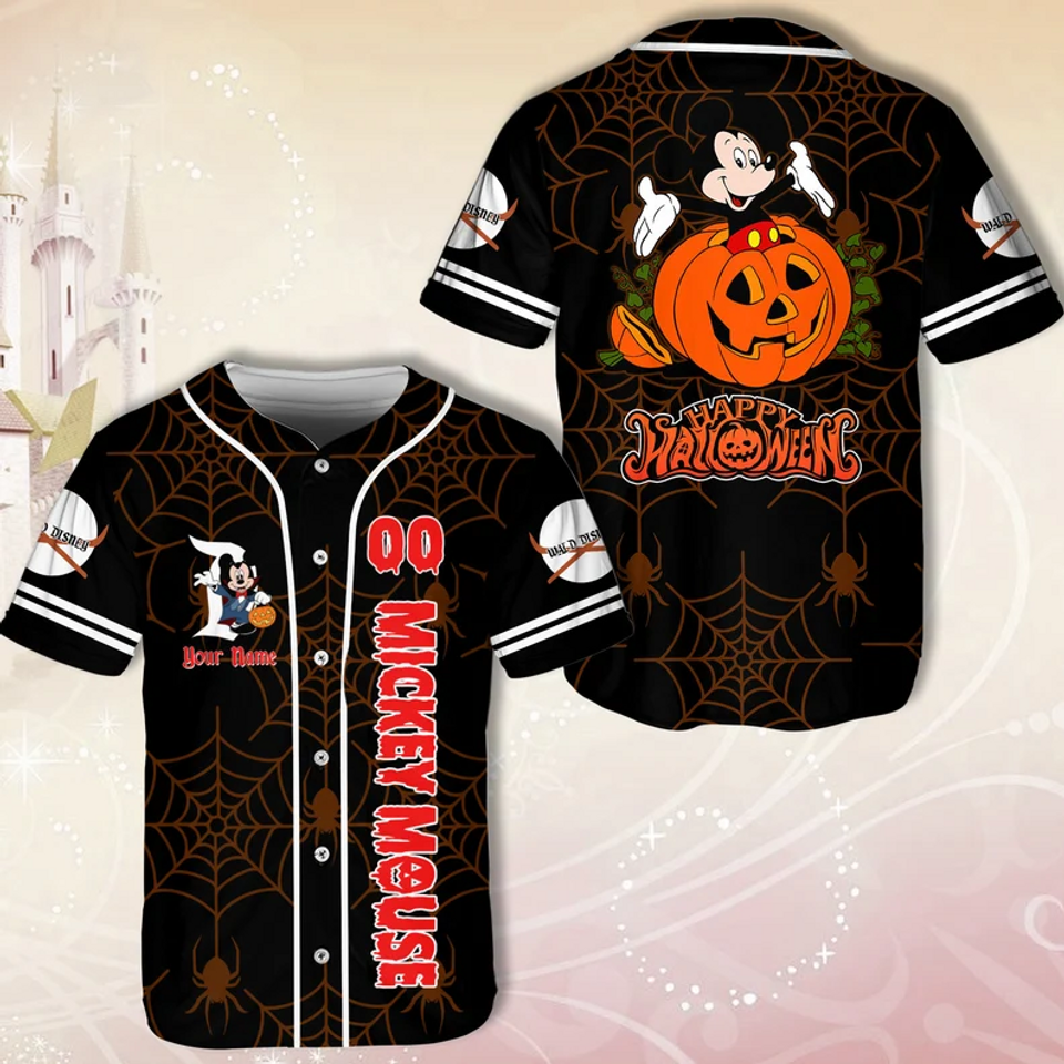 Spooky Personalized Mickey Halloween Baseball Jersey Shirt - Scary Pumpkin and Spider Web Design - Bafud