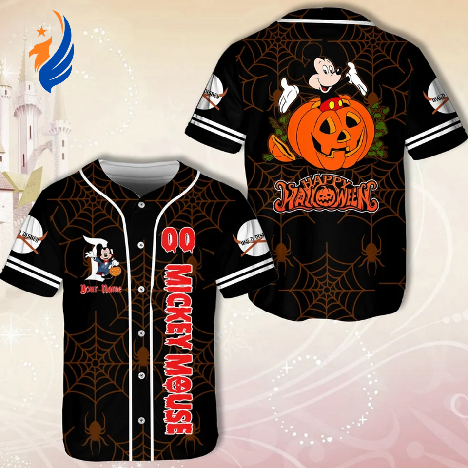 Spooky Personalized Mickey Halloween Baseball Jersey Shirt - Scary Pumpkin and Spider Web Design - Bafud