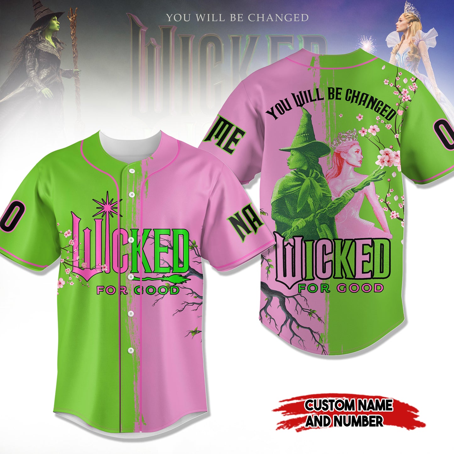 Pink &amp; Green Wicked For Good Customized Baseball Jersey